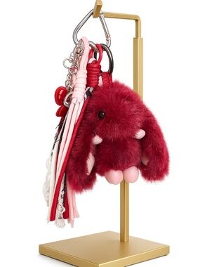 Faux Fur Bunny Bag Charm Keychain - Deep Red & Pink Accents